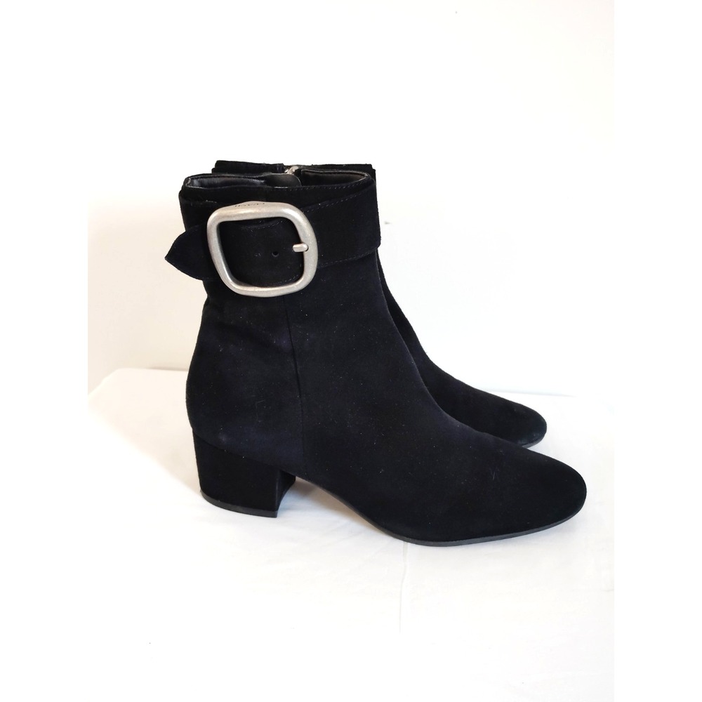 Coach Cassandra Women's 5B Black Suede Ankle Booties Buckle Strap Block Heel Zip